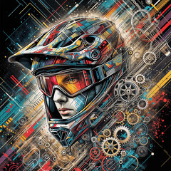 Poster - abstract composition with a portrait of a cyclist in gear against a technical sketch. Generative AI