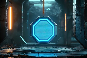 Wall Mural - Bold glowing outlines on a hexagonal neon blue stage highlight a suspended badge mockup in a futuristic setting.