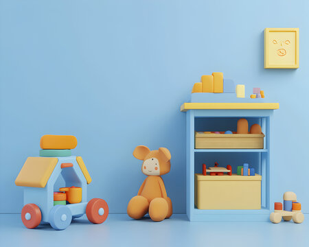 goods for children's furniture and toys 3d render on blue background