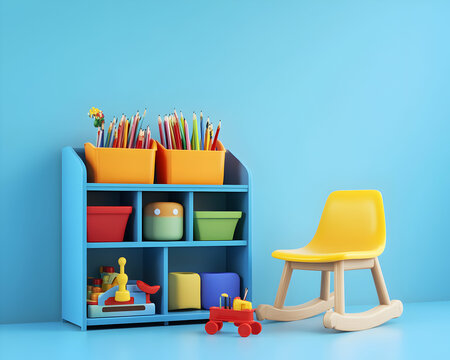 goods for children's furniture and toys 3d render on blue background