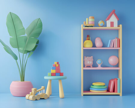 goods for children's furniture and toys 3d render on blue background