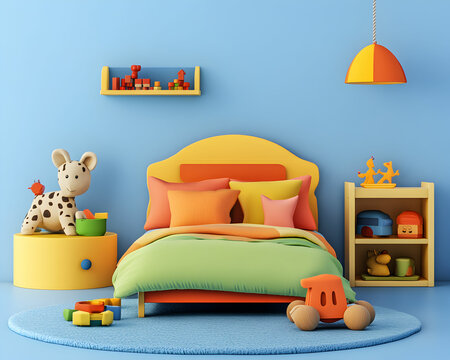 goods for children's furniture and toys 3d render on blue background