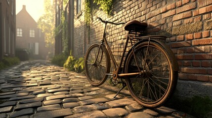 Wall Mural - Rustic bicycle, cobblestone lane, sunrise, old town, travel poster