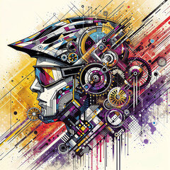 Poster - abstract composition with a portrait of a cyclist in gear against a technical sketch. Generative AI