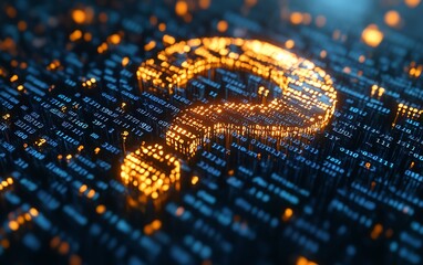 Poster - A 3D digital question mark made of binary code, symbolizing AI in question answering systems, futuristic tech design, highdefinition 8K render