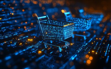 Poster - A bluetosilver background with digital pixelated shopping carts, representing ecommerce and transactional elements, sleek futuristic design, ultrarealistic render