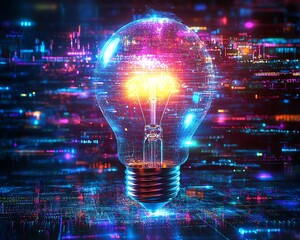 Aufkleber - A glowing light bulb as a metaphor for a smart idea, surrounded by abstract digital elements, symbolizing an innovative breakthrough, hightech concept, ultraHD clarity