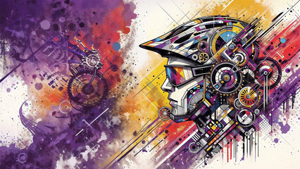 Poster - abstract composition with a portrait of a cyclist in gear against a technical sketch. Generative AI