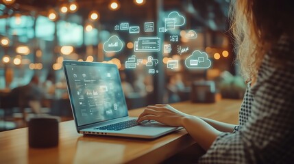 Leinwandbilder - A digital workspace with a person using a laptop, cloud storage icons and floating file pages on the screen, hightech background, sleek design, ultrarealistic 8K render