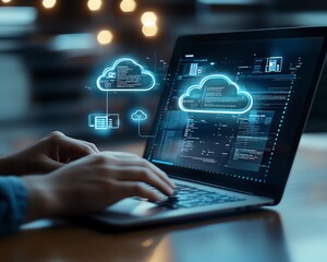 Leinwandbilder - A person using a laptop, with cloud storage icons on the screen and floating file pages in the background, modern office setting, digital interface, ultraHD clarity