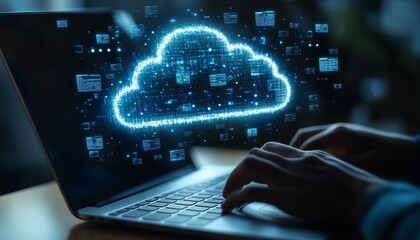 Fototapete - A person using a laptop in a digital workspace, with cloud storage icons displayed and floating file pages in the background, sleek design, modern tech environment, ultraHD quality