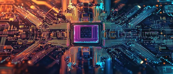 Poster - Colorful close-up of a microchip circuit board design