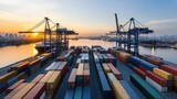 Aerial view of cargo containers at a bustling shipping port during sunset.