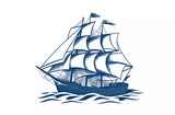 A clipper ship with its sails billowing in the wind, sailing on calm waters. The illustration is an engraving-style drawing, with blue ink and a white background