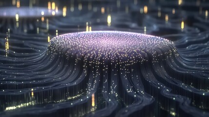 Poster - Abstract glowing structures with luminous particles in dark space