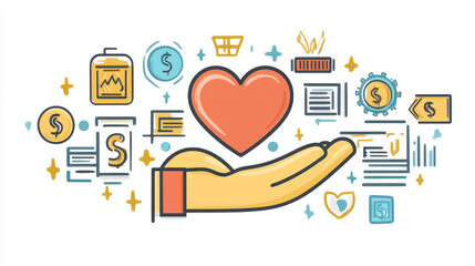 Poster - Online blogging donation service line icon. Web blogger or influencer fan support, online blogging payed content outline vector icon. Social media or blogging donation pictogram with heart in hand
