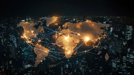 Poster - Global Connectivity Map Over Cityscape at Night
