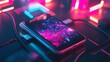 © jiraphat - A cell phone is on a table with a charger plugged into it. The phone is displaying a colorful and vibrant image of a galaxy. Concept of wonder and excitement