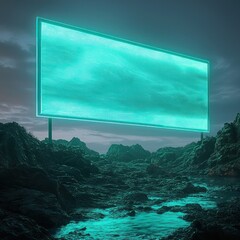 Wall Mural - Subtle glowing water reflections under a wide rectangular glass billboard with flowing teal motion light outlines.