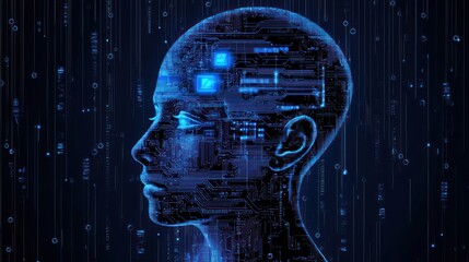 Poster - futuristic digital human profile with circuit patterns and data