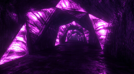 Poster - Neon light tunnel perspective. Vector realistic illustration of dark hall with triangular shape geometric lamps, purple and pink color illumination glowing in dark corridor, futuristic virtual portal