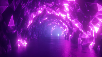Poster - Neon light tunnel perspective. Vector realistic illustration of dark hall with triangular shape geometric lamps, purple and pink color illumination glowing in dark corridor, futuristic virtual portal