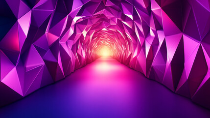 Poster - Neon light tunnel perspective. Vector realistic illustration of dark hall with triangular shape geometric lamps, purple and pink color illumination glowing in dark corridor, futuristic virtual portal