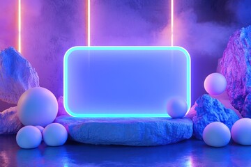 Wall Mural - In a clean modern setup, a 3D patch mockup is enclosed by a dynamic rectangular podium with glowing neon blue edges.