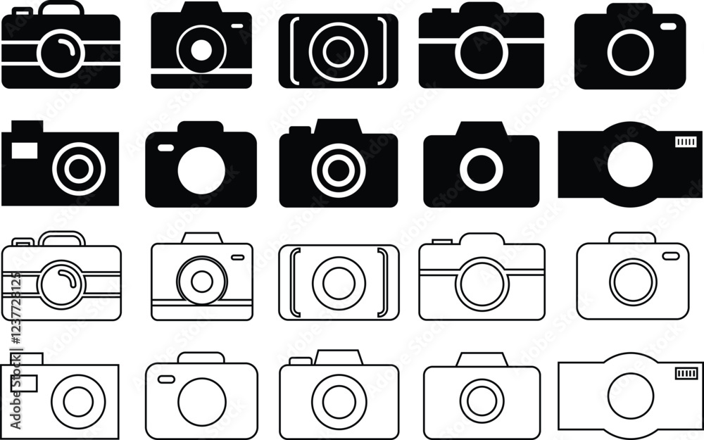 photo camera of rounded square shape icon in flat line set. different ...