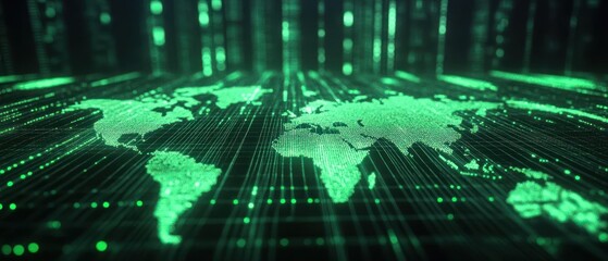 Fototapete - Digital world map with green data streams and lines