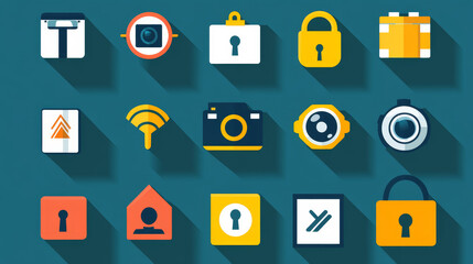 Poster - Safety and security icons set with a security shield , handcuffs, thumb print, surveillance camera, padlock, fire extinguisher, emergency exit, scales of justice and fire