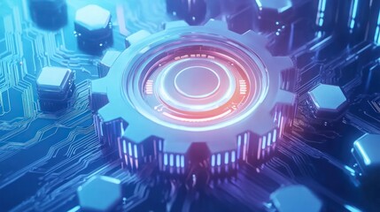 Poster - Futuristic gear mechanism on a circuit board with glowing lights