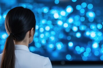 Poster - Businesswoman Standing Next to Digital Ethics Dashboard Analyzing Data Visualization