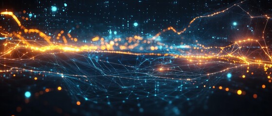 Poster - abstract digital landscape with glowing lines and particles