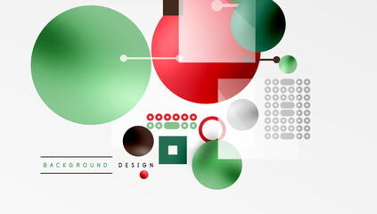 Poster - Minimalistic abstract vector design, layered geometric shapes circles, squares, and triangles with soft pastel gradients and semi-transparent effects. Perfect for contemporary use