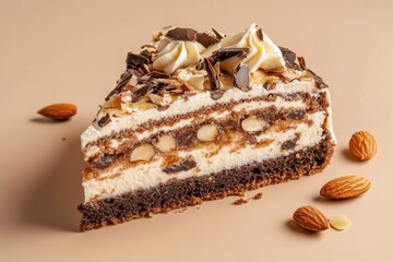 Wall Mural - Delicious Chocolate Almond Cake Slice with Cream Topping