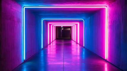 Poster - 3d render, glowing lines, tunnel, neon lights, virtual reality, abstract background, square portal, arch, pink blue spectrum vibrant colors, laser show