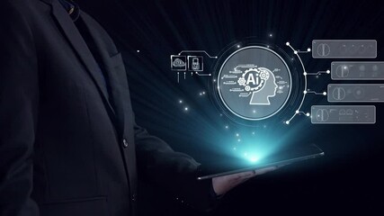 Poster - human interact with ai artificial intelligence brain processor in concept of ai artificial intellige