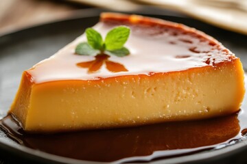 Wall Mural - Delicious Caramel Flan Dessert Slice with Mint