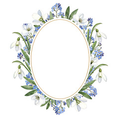 Poster - frame of delicate flowers on white background, watercolor painting . Generative AI