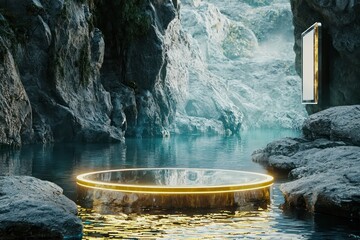 Round glass podium with golden neon accents on a shiny rocky surface near water, with a transparent billboard floating close by.