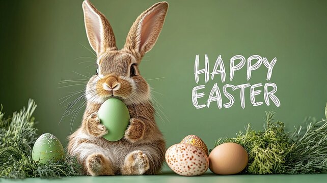 Easter rabbit on a green backdrop with a painted egg and a merry Easter greeting