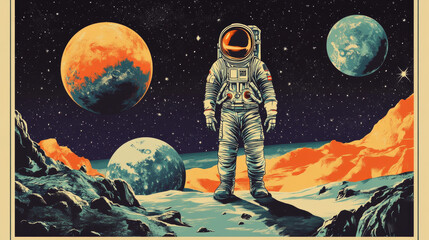 Poster - Outer space exploration cosmic retro poster with glitch effect. Galaxy explorer adventure, vector vintage card with astronaut spaceship shuttle on earth orbit, mars planet, moon and stars in universe