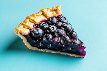 Wall Mural - A delicious slice of blueberry pie sits on a blue background