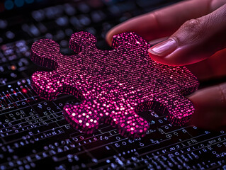 Poster - Hand placing data puzzle piece on circuit board