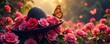© chaiwat - Rosas y mariposas volando alrededor de un sombrero de flor, celebraci?n, diario de muertos, sombrero de flor