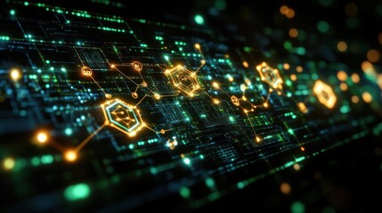 abstract digital network: glowing hexagons and connections