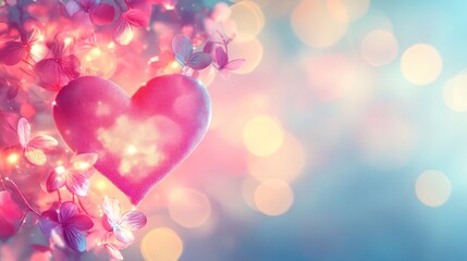 Wall Mural - Pink heart, flowers, lights, bokeh, romantic, Valentine's, greeting card