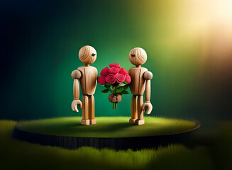 Canvas Print - Two wooden figures stand together on a grassy mound, gently holding a bouquet of red roses.  A warm light illuminates the scene, creating a romantic atmosphere.