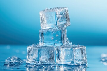 Wall Mural - Stacked Ice Cubes on Blue Background